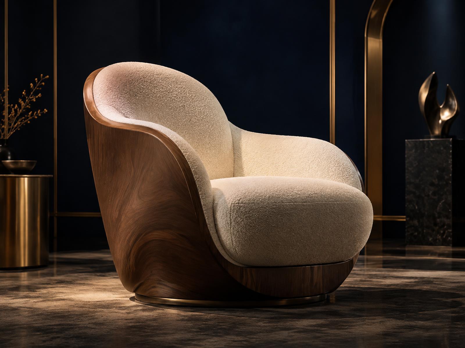 Walnut and ivory bouclé lounge chair